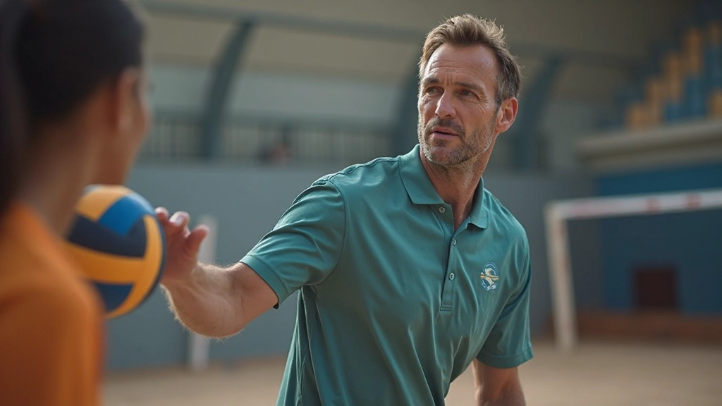 مدرب كرة طائرة يوضح تقنية التمرير الصحيحة للاعبين في صالة رياضية حديثة
