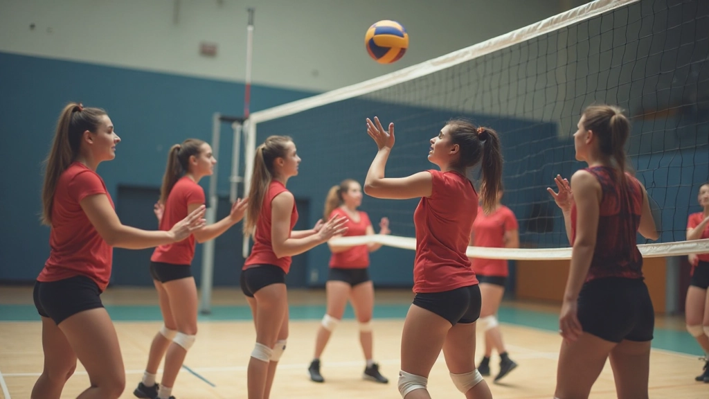 فريق كرة طائرة ينفذ تدريبات تمرير واستقبال في صالة رياضية